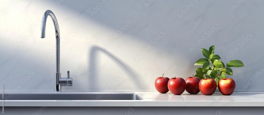 Poster fresh red apples arranged in a line beside a sleek kitchen wash basin with a modern faucet and vibra