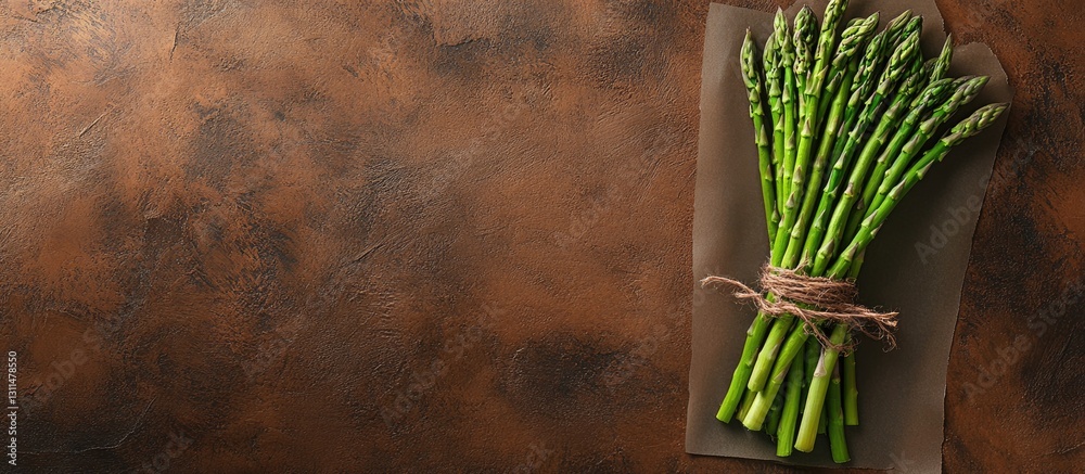 Leinwandbilder fresh green asparagus bundle tied with twine on brown craft paper against a textured dark brown back