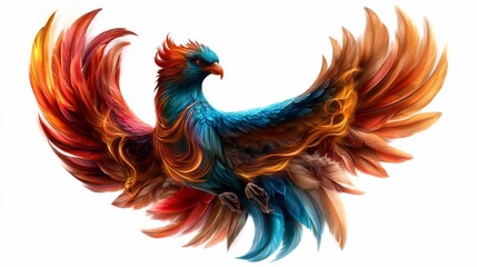 Obraz premium Majestic Phoenix: A vibrant digital painting of a mythical bird with fiery wings, showcasing intricate details and a breathtaking display of color.