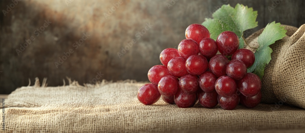Poster red grapes clustered on a textured jute bag, positioned on the left with soft natural lighting illum