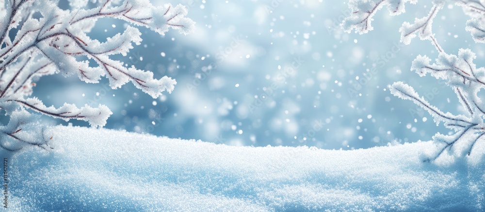 Poster winter landscape featuring a soft snowy foreground with delicate frosted branches and gentle snowfla