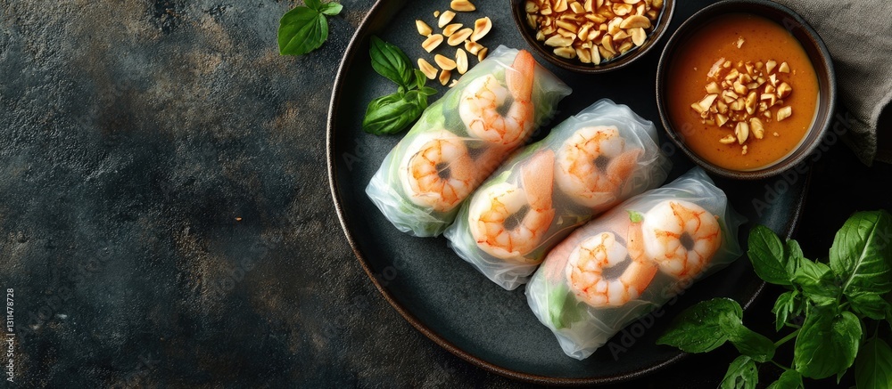 Poster homemade prawn vietnamese rice paper spring rolls on a dark plate with peanut dipping sauce and chop
