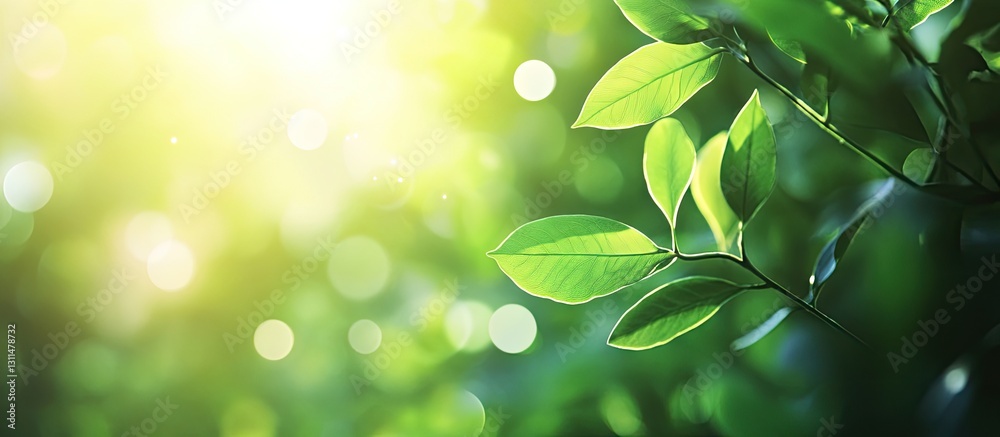 Aufkleber vibrant green foliage against a bright sunny background with blurred bokeh effects and central copys