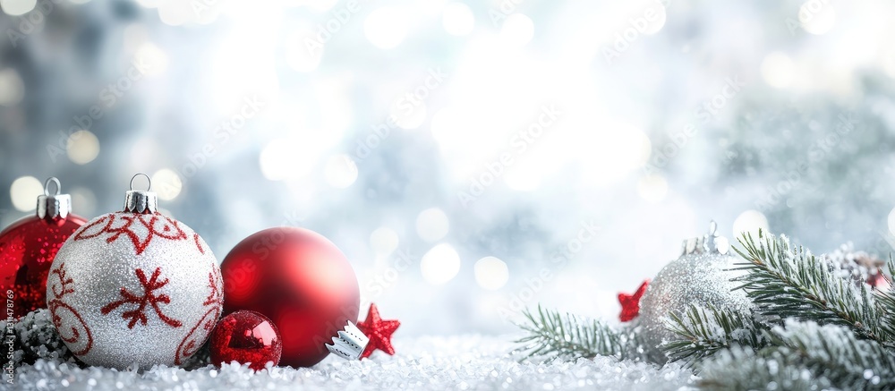 Poster festive arrangement of red and silver christmas ornaments with snow on a blurred silver background c