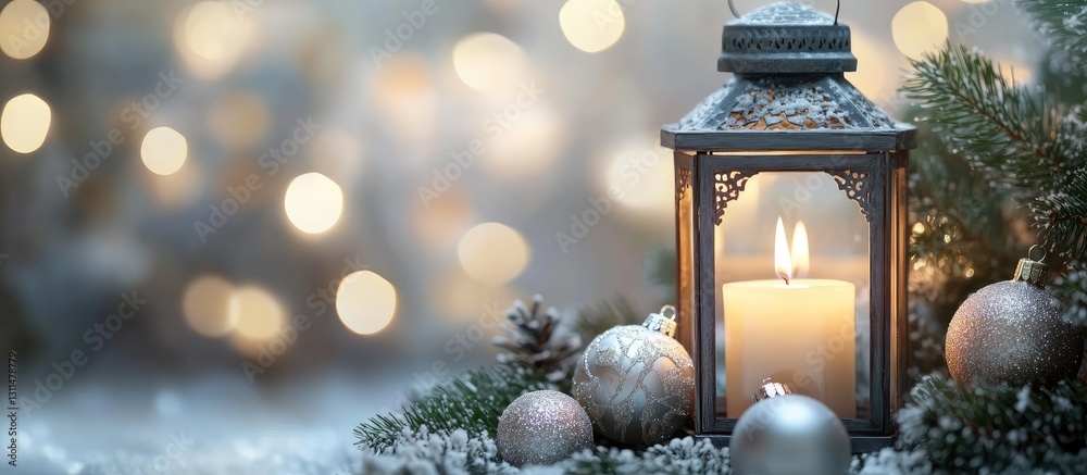 Aufkleber lantern with lit candle in corner lit by warm light against silver blurred background adorned with c