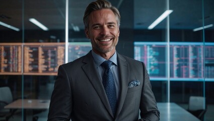 Businessman looking confidently at the looking camera with a business analysis chart in the background