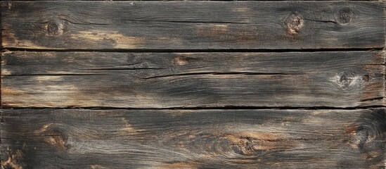 Obraz premium Dark weathered wooden plank featuring rough, peeling surface, prominent knots and grain patterns, positioned horizontally with a rustic appearance
