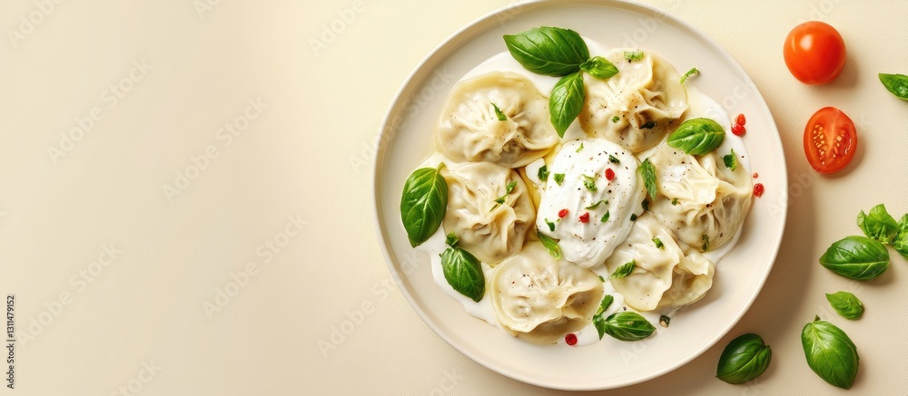 Poster vibrant boiled dumplings topped with fresh basil and sour cream on a beige plate, surrounded by cher