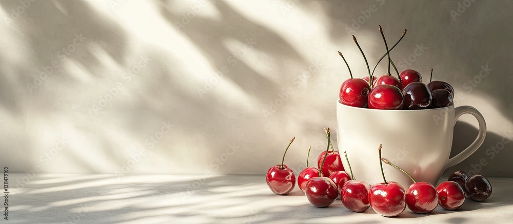 Poster Red and black cherries overflowing from a white mug, placed on a light textured table, with soft shadow patterns in the background.