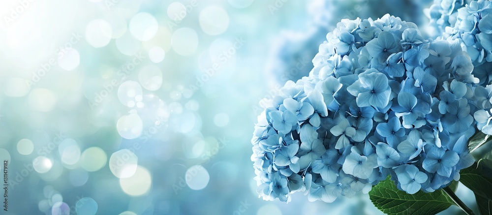 Poster Soft focus blue hydrangea blooms on the left with a light bokeh background in shades of blue and green creating a calming spring ambiance
