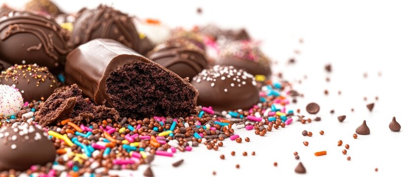 Chocolate treats and colorful sprinkles scattered on a white background, featuring dark chocolate candies, vibrant sprinkles, and broken cake pieces.