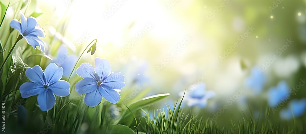 Poster gentle spring meadow with vibrant blue flowers in the foreground and soft green background illuminat