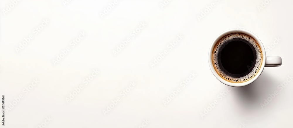 Poster Black coffee in a white cup placed on the left edge of a light white background with an ample blank space for text and design elements.