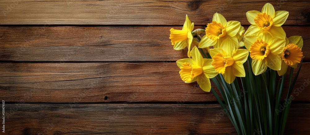 Poster vibrant yellow daffodils arranged on the left side against a textured wooden background with a spaci