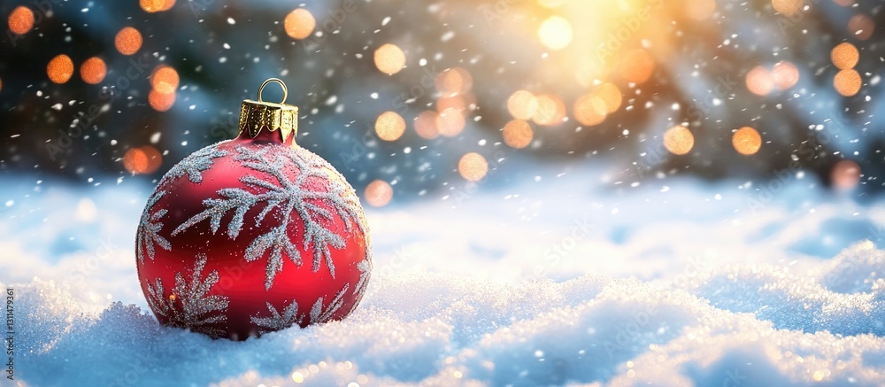 Poster red christmas ornament with white snowflake design resting on snow, glistening in golden bokeh backg
