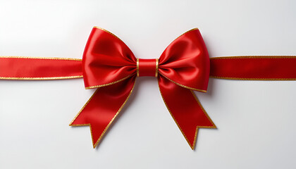 Fototapeta premium Elegant Red Satin Bow with Gold Trim on White Background – Luxury Gift Decoration