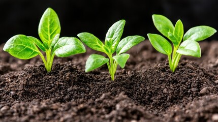 Fototapeta premium Three small green seedlings emerging from dark soil, symbolizing growth and new beginnings in a natural setting.