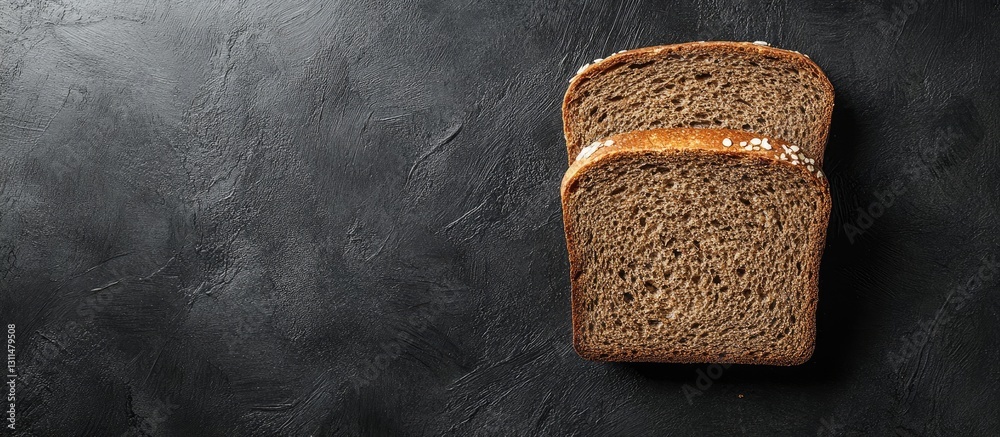 Poster Sliced buckwheat bread positioned diagonally on a dark textured background with ample copy space on the left for text or branding