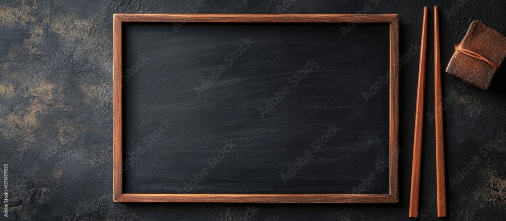Poster chalkboard framed in wood with two chopsticks and a brown parcel on a dark textured background provi