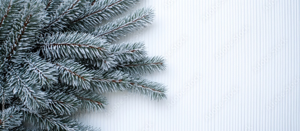 Aufkleber Frosted fir branches positioned in the top left corner against a soft white striped background with ample copy space for text or designs