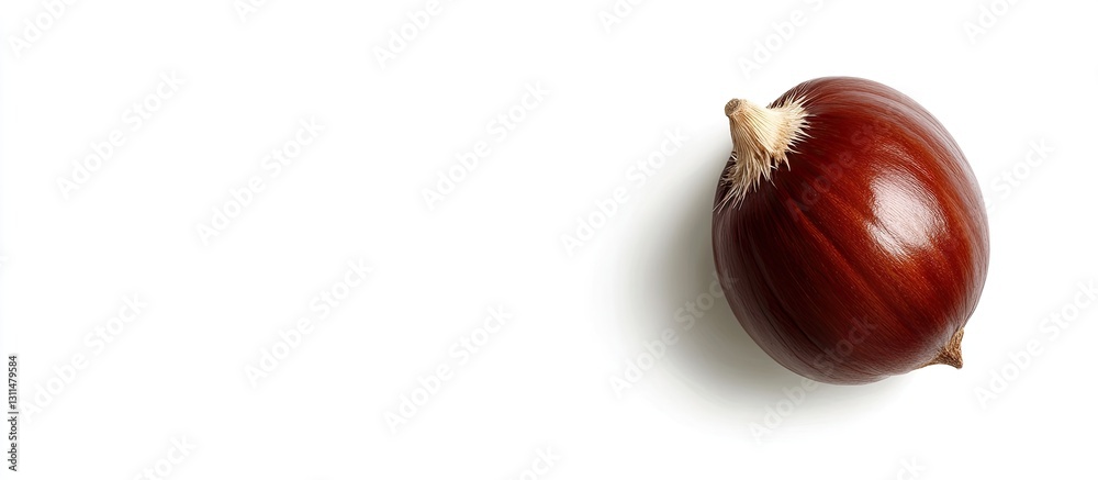 Poster chestnut with rich brown color positioned in the top right corner of a bright white background, idea