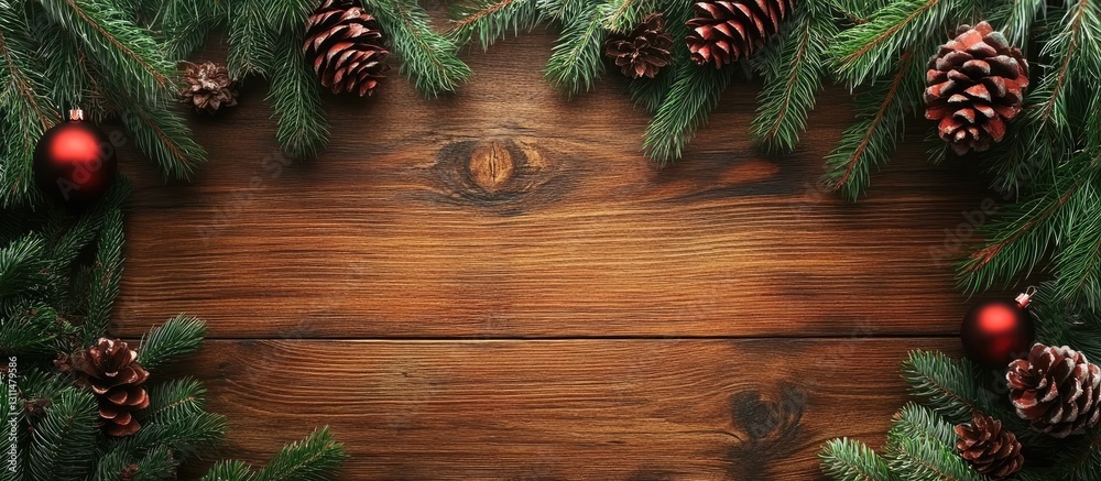 Aufkleber christmas fir tree branches and pine cones arranged on a rustic wooden board, featuring red ornament