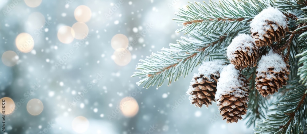 Aufkleber snow-covered spruce tree branches with cones on the right, blurred white snowy forest background, so