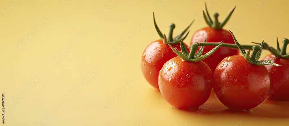 Poster fresh cherry tomatoes glistening with water droplets on a yellow background with green leafy stems p