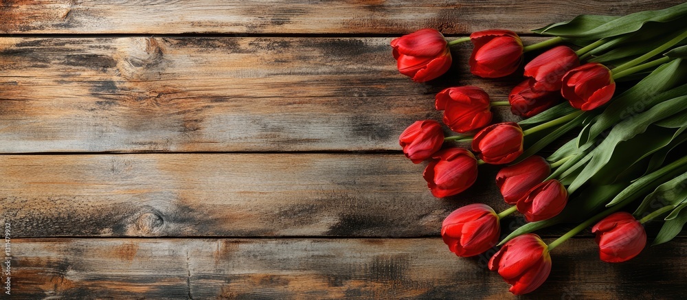 Aufkleber Vibrant red tulips arranged on distressed wooden boards with space for text on the left side creating a rustic and inviting atmosphere