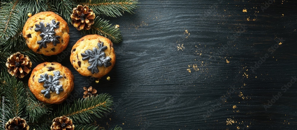 Poster christmas themed flat lay with banana muffins on black wooden background surrounded by pine branches