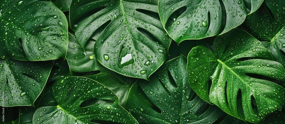 Poster lush green monstera palm leaves adorned with raindrops, arranged in a flat lay style to create a vib