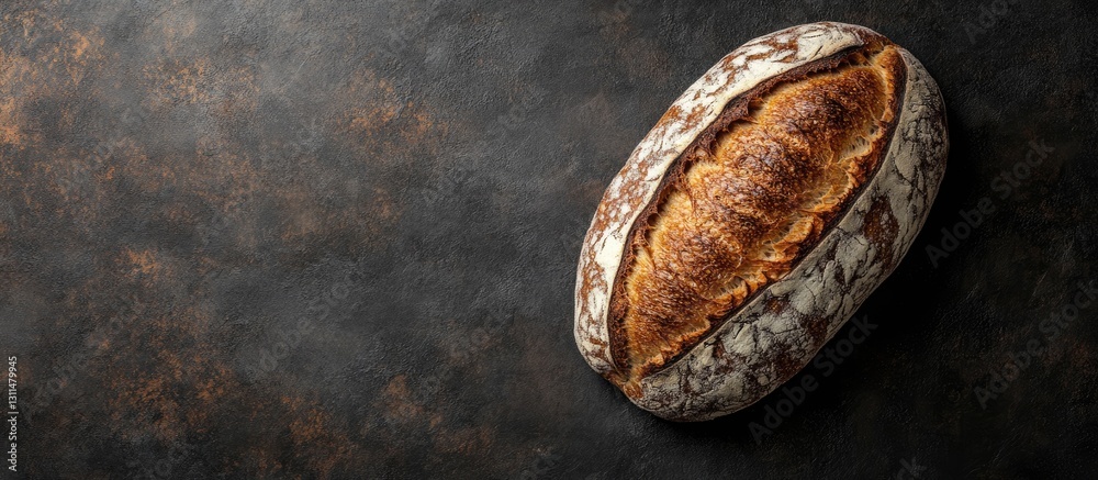 Poster Rustic buckwheat bread loaf on textured dark surface with copy space, showcasing crusty golden-brown top and intricate pattern, top view.