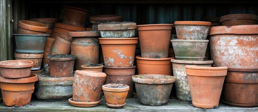 A rustic display of weathered terracotta plant pots in various sizes stacked in a wooden shed with a green backdrop reflecting aged charm.