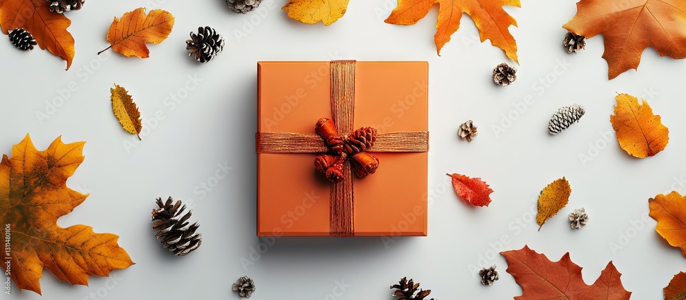 Poster autumn gift box in orange with brown ribbon surrounded by colorful leaves and pinecones on a white b