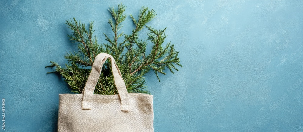 Poster Canvas bag filled with fresh spruce branches positioned at top left on a textured blue background creating a festive atmosphere for Christmas and New Year