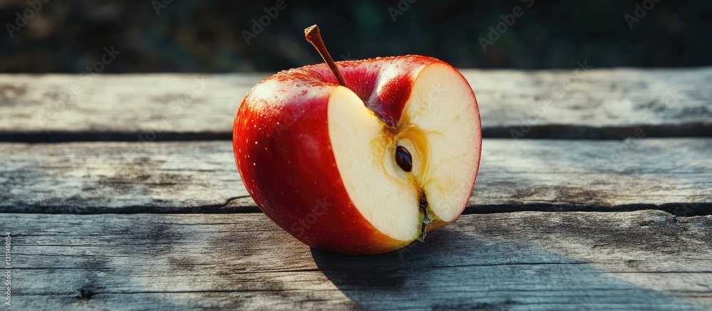 Poster bitten red apple resting on a rustic wooden surface with sunlight highlighting its juicy flesh and d