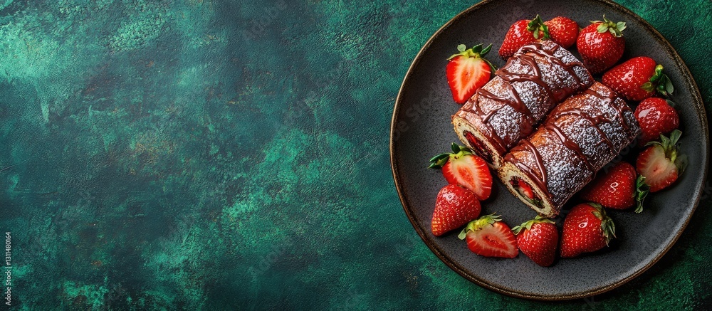 Poster chocolate roll cake dusted with powdered sugar and drizzled with chocolate atop a black plate surrou