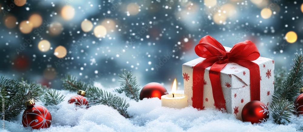 Poster christmas gift box adorned with a red ribbon surrounded by fir branches and ornaments on a snow-cove