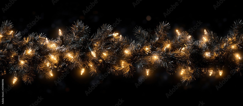 Poster warm yellow string lights twinkle on dark evergreen garland against a black background creating a co
