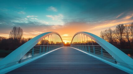 Fototapeta premium Modern Arch Bridge Water Feature at Sunset