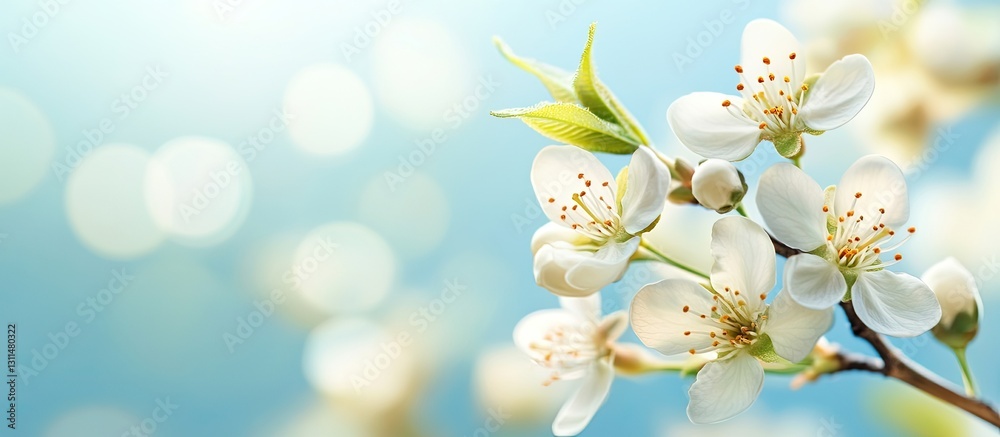 Poster cherry tree blossom close up featuring delicate white flowers and green leaves on a branch with a so