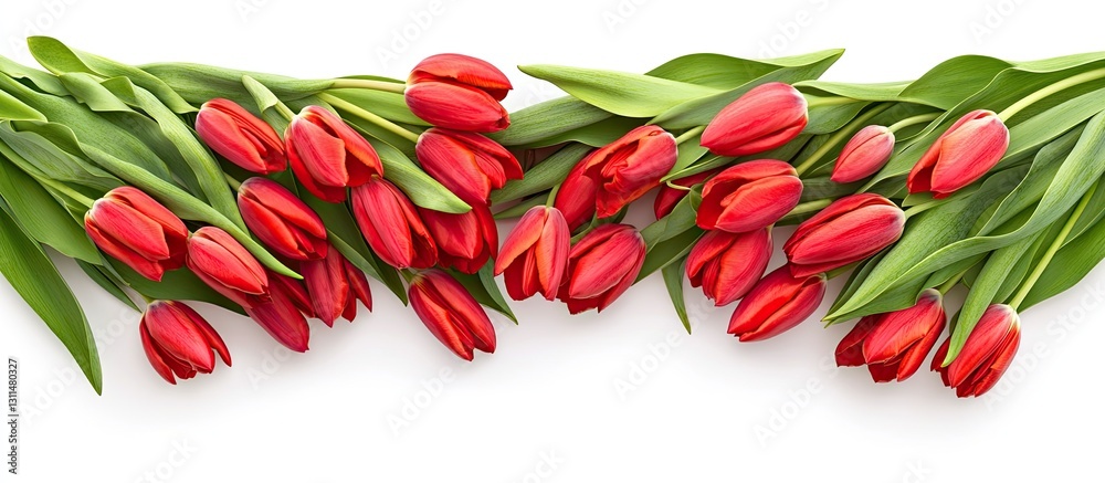 Poster Vibrant red tulips arranged symmetrically against a clean white background with ample space for text in the center ideal for spring promotions
