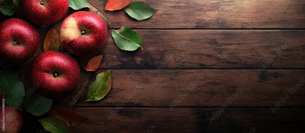 Poster Red apples with green leaves arranged on a dark wooden board with an empty space on the right for autumn themed text or design elements.