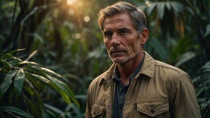 Portrait of a handsome mid-aged man in a serene forest, morning sunlight glowing naturally