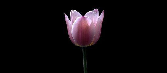 Fototapeta premium Delicate pink tulip prominently centered against a dramatic black background showcasing its soft petals and vibrant color detail.