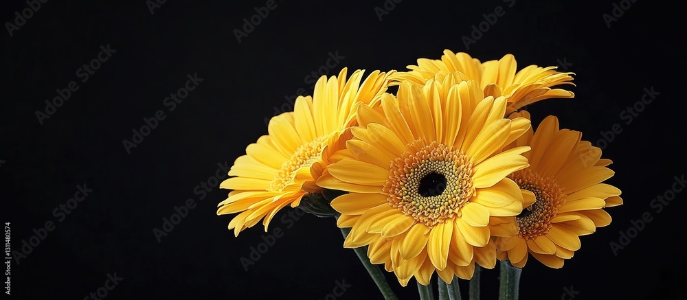 Poster vibrant yellow gerbera daisies in a cluster on the left side with a deep black background highlighti