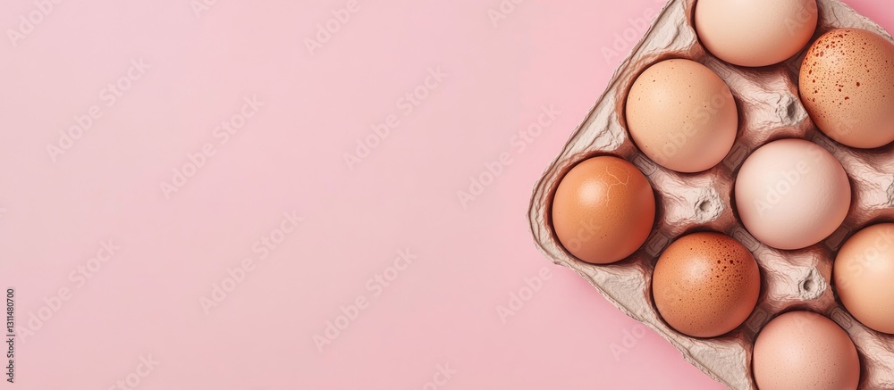 Poster minimalist flat lay of nine chicken eggs in a beige carton on a soft pink background, highlighting a
