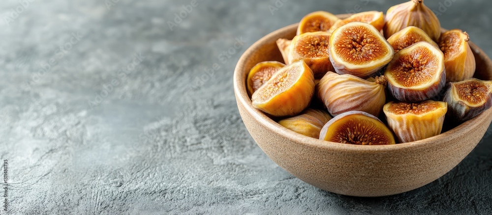 Poster Bowl of dried figs on a textured grey background with the figs arranged prominently on the left and ample space for text on the right