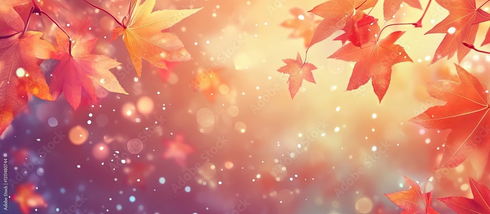 Aufkleber autumn leaves in vibrant orange and yellow hues positioned at the top against a soft gradient backgr
