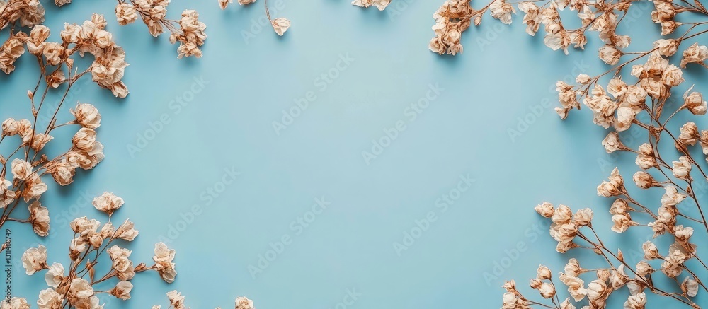 Aufkleber dried brown flowers create a delicate border on a soft blue background providing ample copy space fo